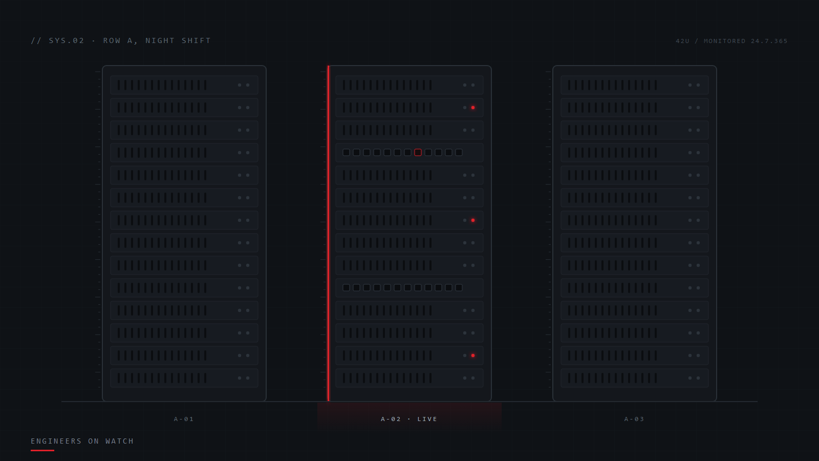 Schematic illustration of a monitored server rack row with a live rack highlighted in red